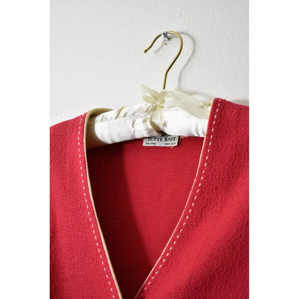 Vintage 50 Butte Knit Red 100% Wool Cardigan Sweater Pick Stitch Contrast Trim M - Picture 5 of 6